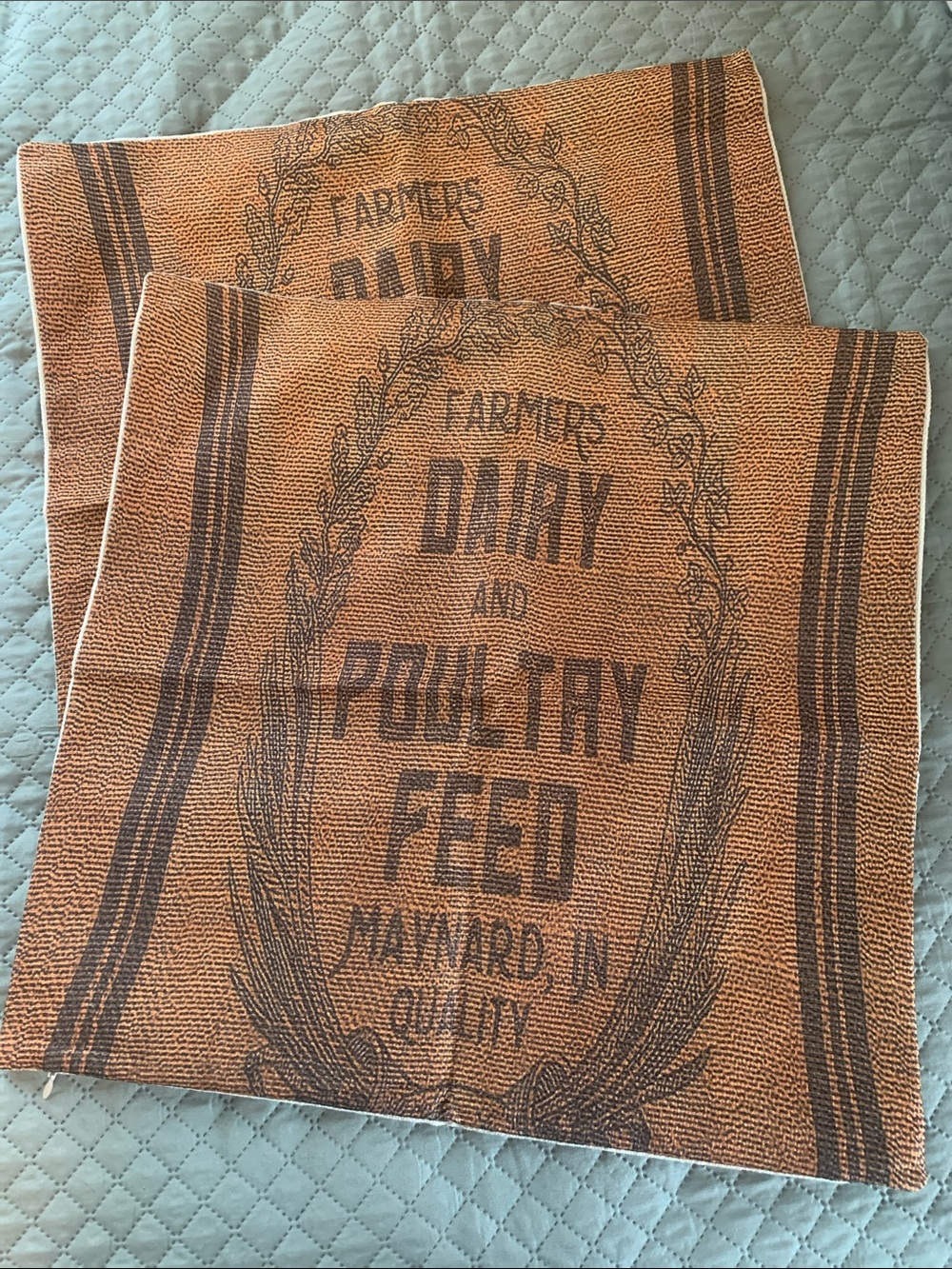 2 Accent Pillow Covers Farmers Dairy & Poultry Feed Graphic NWOT